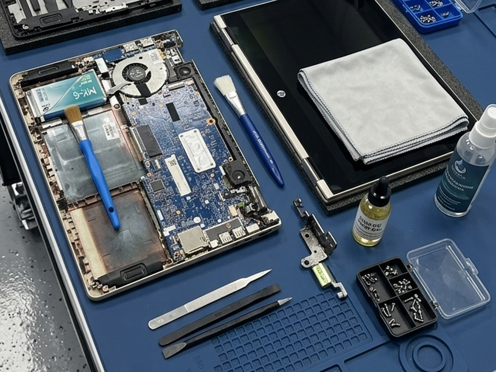 Kỹ thuật viên đang vệ sinh chi tiết mainboard laptop